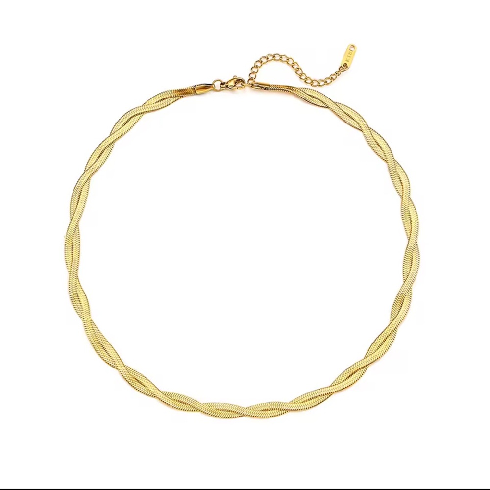 Braided New Herringbone Necklace Bracelet
 Gold 18K plated Set Stainless Steel - Picture 5 of 15